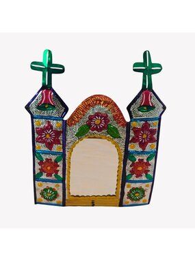 Vtg Large Mexican Punched Tin Folkart Church Mirror w/Colorful Flowers 14.5"